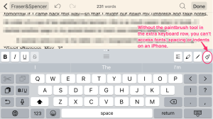 Without the extra keyboard row on the iPhone, you can't access fonts, spacing, or indents.